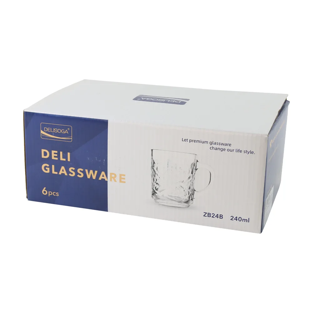 Set de 6 cani din sticla transparenta 240 ml Set de 6 cani din sticla transparenta 240 ml