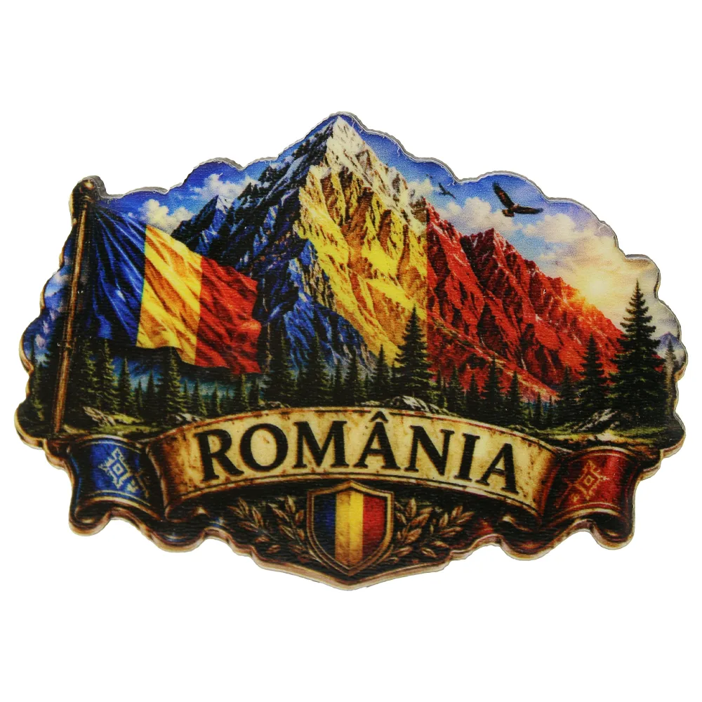 Magnet de frigider din lemn Romania 9.5 x 7 cm