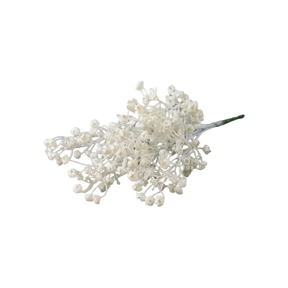 Pick buchet decorativ cu floare si bobite albe cu sclipici 32 cm
