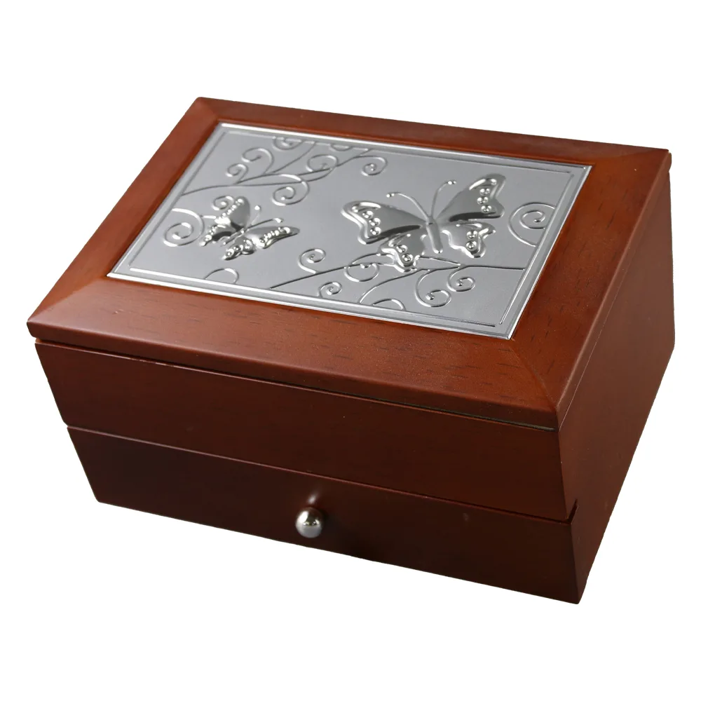 Caseta de bijuterii din lemn cu placa metalica si sertar 18 x 12.5 cm Caseta de bijuterii din lemn cu placa metalica si sertar 18 x 12.5 cm