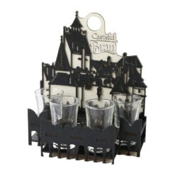 Suport din lemn Castelul Bran cu 4 pahare de shot 17 x 20 cm