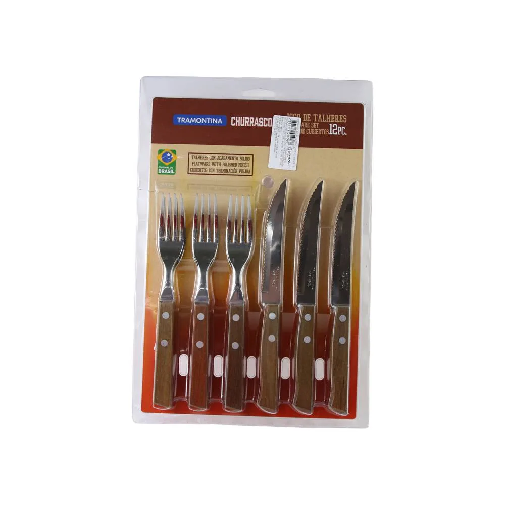 Set 6 furculite si 6 cutite din inox cu maner din lemn Tramontina