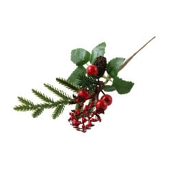 Pick decorativ cu bobite rosii si con de brad 22 cm
