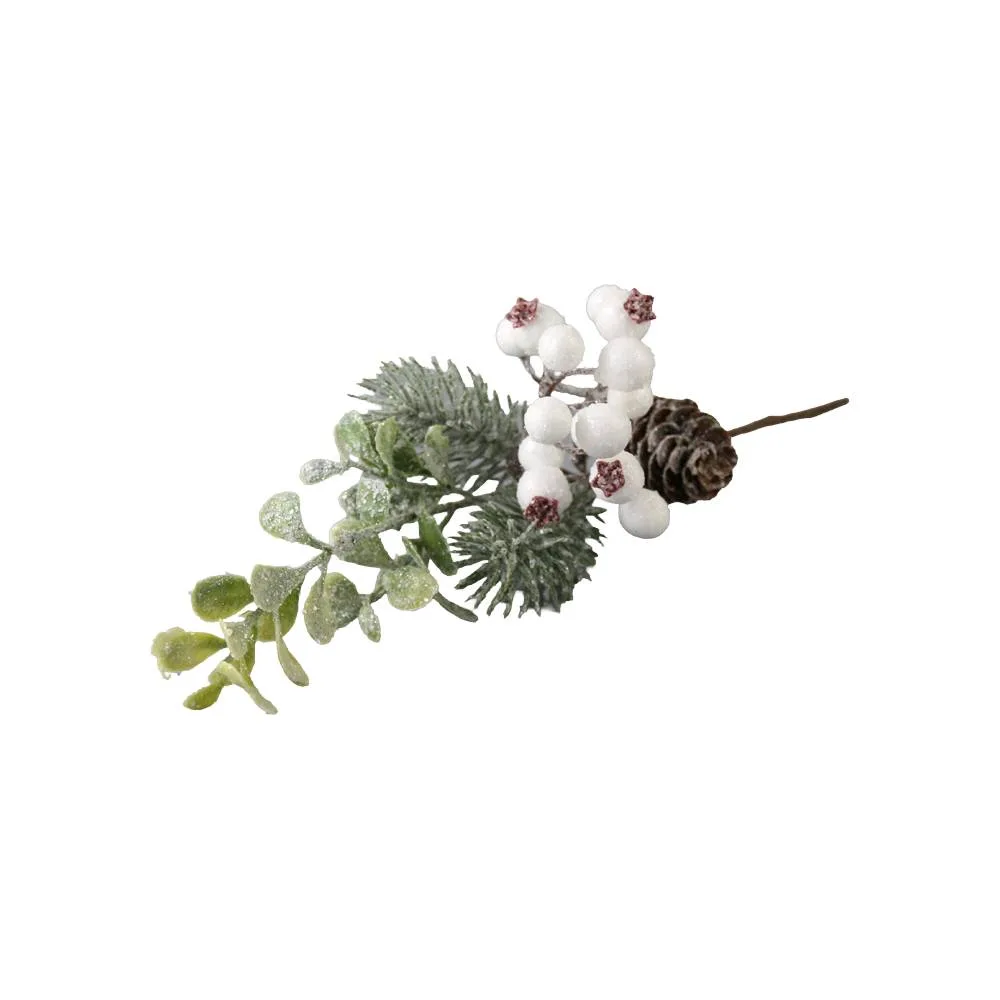 Pick decorativ cu crengi de brad inzapezite si bobite albe 30 cm