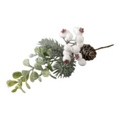 Pick decorativ cu crengi de brad inzapezite si bobite albe 30 cm
