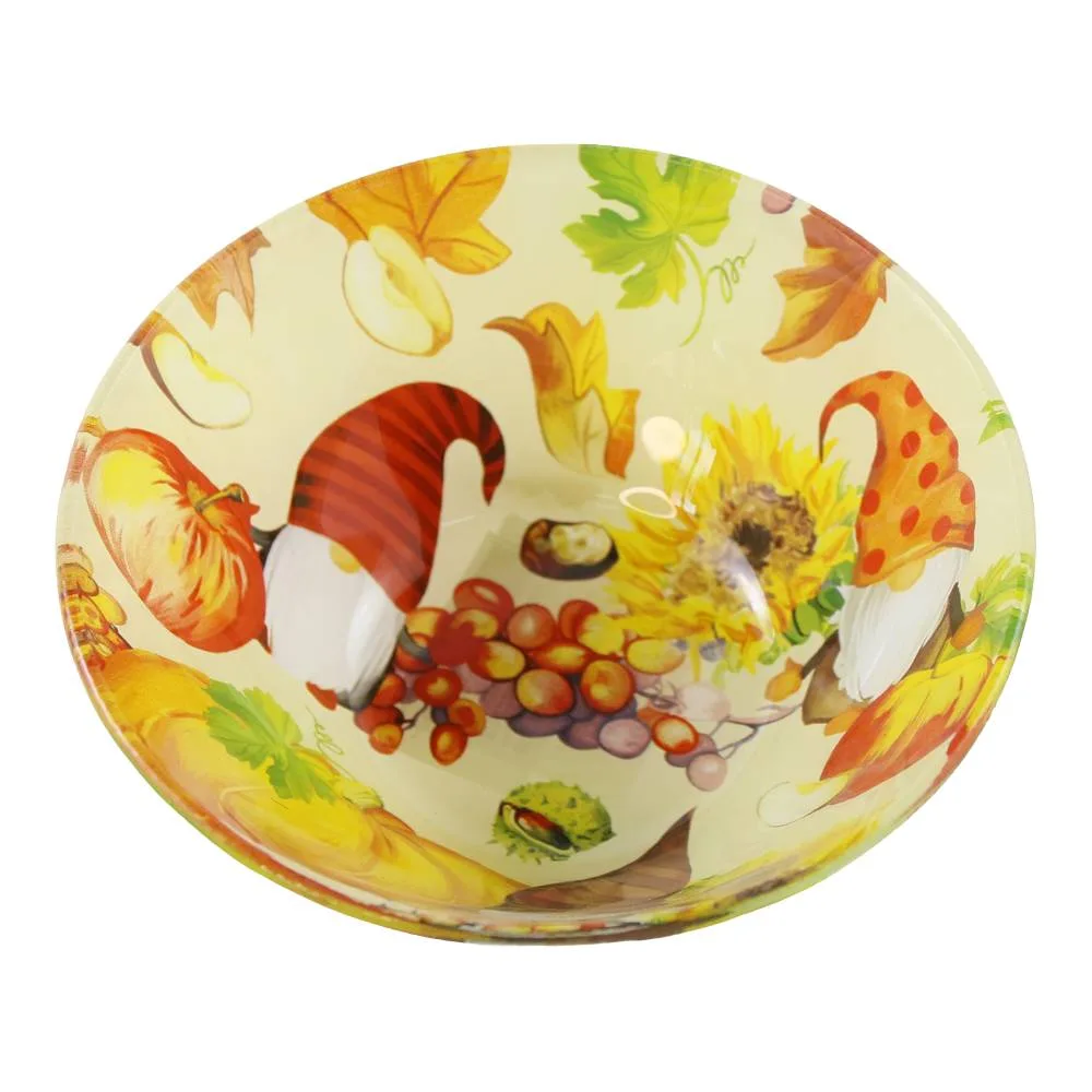 Bol din sticla cu decor de toamna si spiridusi 15 x 5.5 cm Bol din sticla cu decor de toamna si spiridusi 15 x 5.5 cm