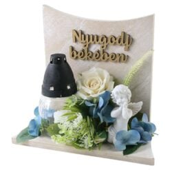 Aranjament floral pentru cimitir cu candela si ingeras "Nyugodj bekeben" 24 cm