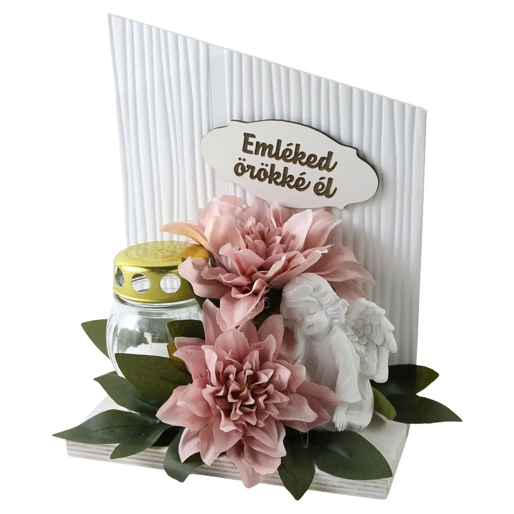 Aranjament floral pentru cimitir cu candela si ingeras "Nyugodj bekeben" 24 cm Aranjament floral pentru cimitir cu candela si ingeras "Nyugodj bekeben" 24 cm