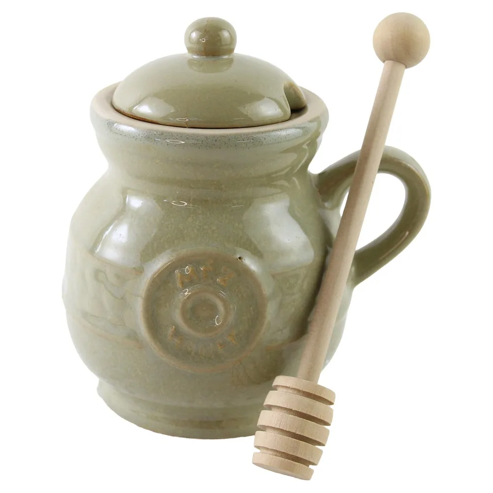 Recipient pentru miere din ceramica cu lingurita lemn  10 x 14 cm