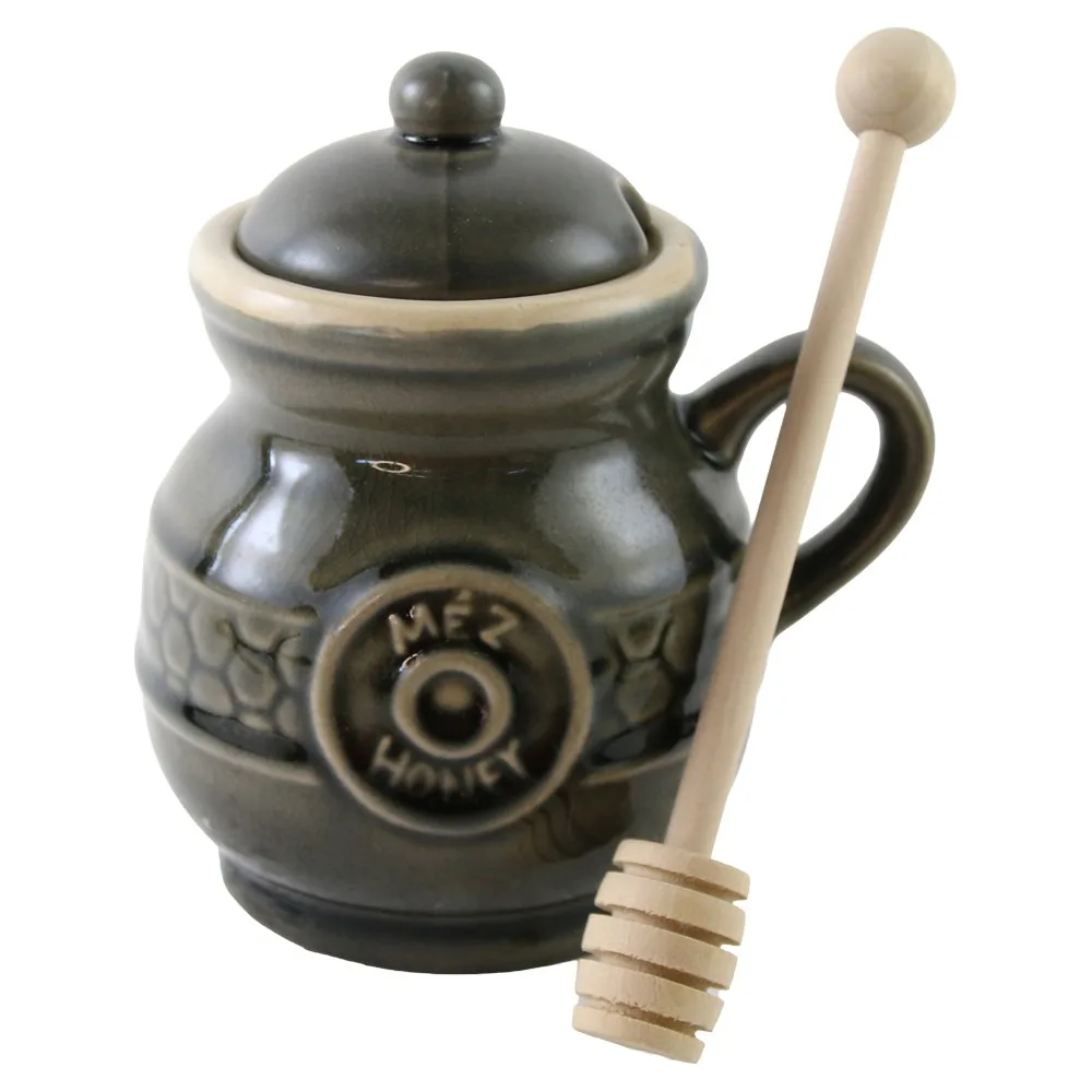 Recipient pentru miere din ceramica cu lingurita lemn  10 x 14 cm
