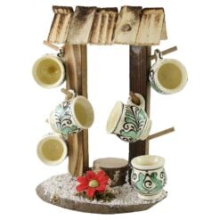 Suport Fantana din lemn cu 6 cani din ceramica pentru tarie - 26 cm