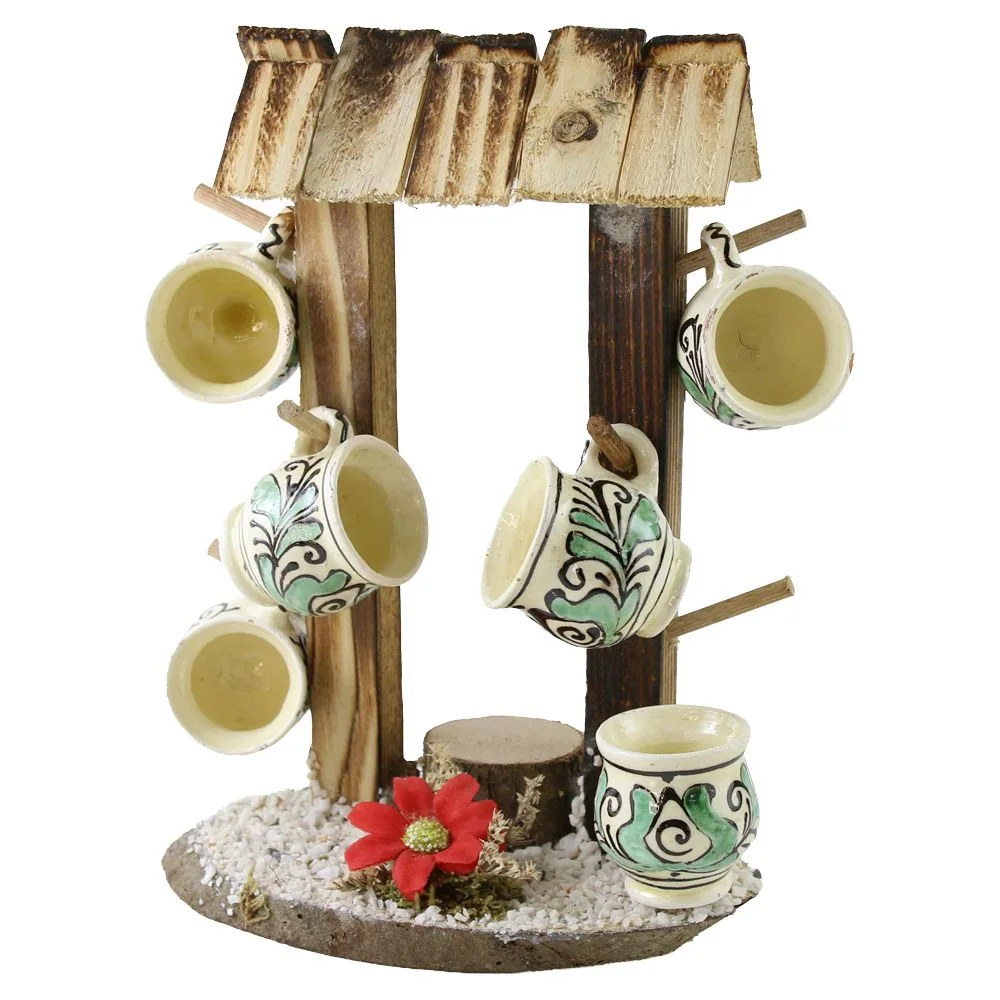 Suport Fantana din lemn cu 6 cani din ceramica pentru tarie - 26 cm