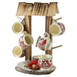 Suport Fantana din lemn cu 6 cani din ceramica pentru tarie - 26 cm