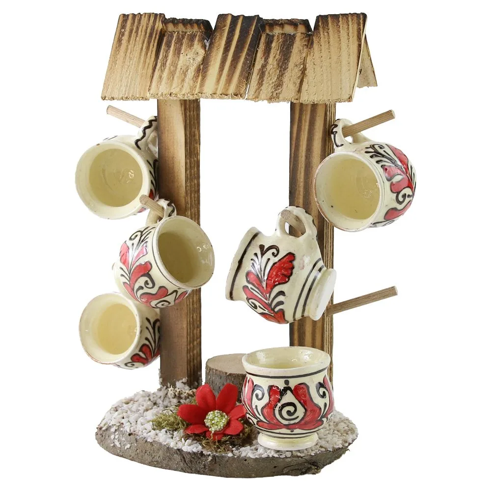 Suport Fantana din lemn cu 6 cani din ceramica pentru tarie - 26 cm