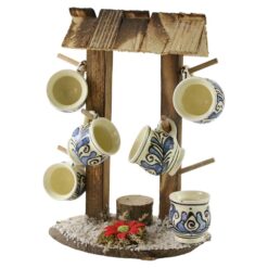 Suport Fantana din lemn cu 6 cani din ceramica pentru tarie - 26 cm