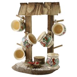Suport Fantana din lemn cu 6 cani din ceramica pentru tarie - 26 cm