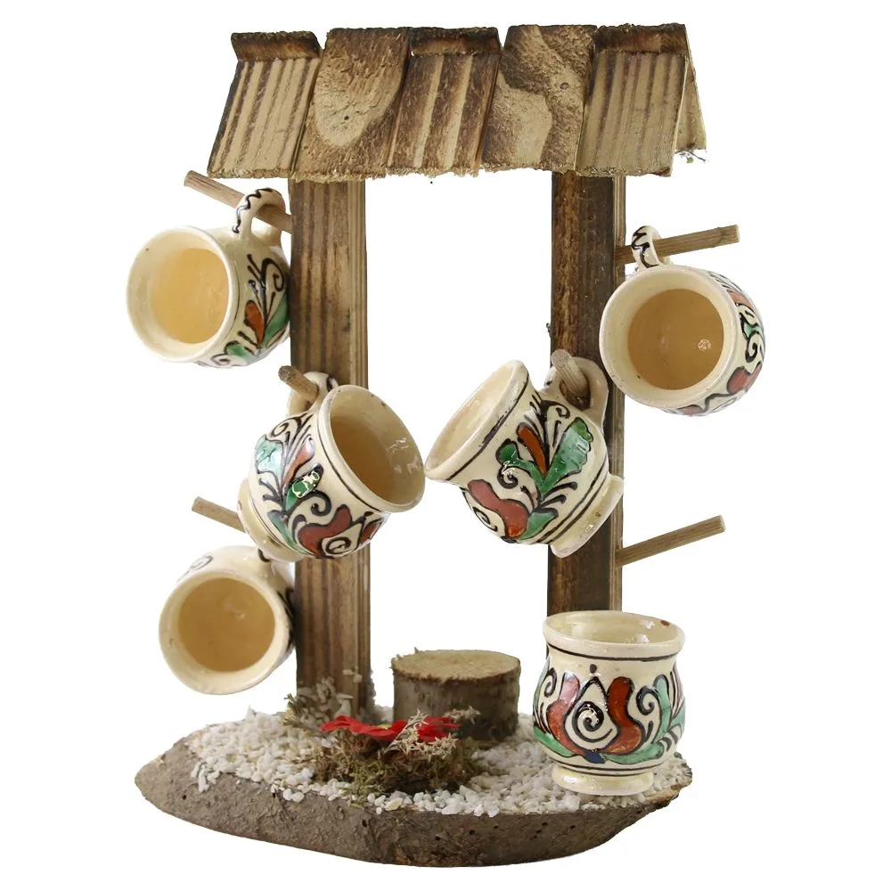Suport Fantana din lemn cu 6 cani din ceramica pentru tarie - 26 cm
