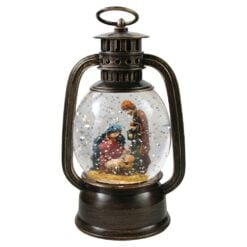 Felinar de Craciun muzical cu LED si efect de ninsoare Sfanta Familie 10x16 cm
