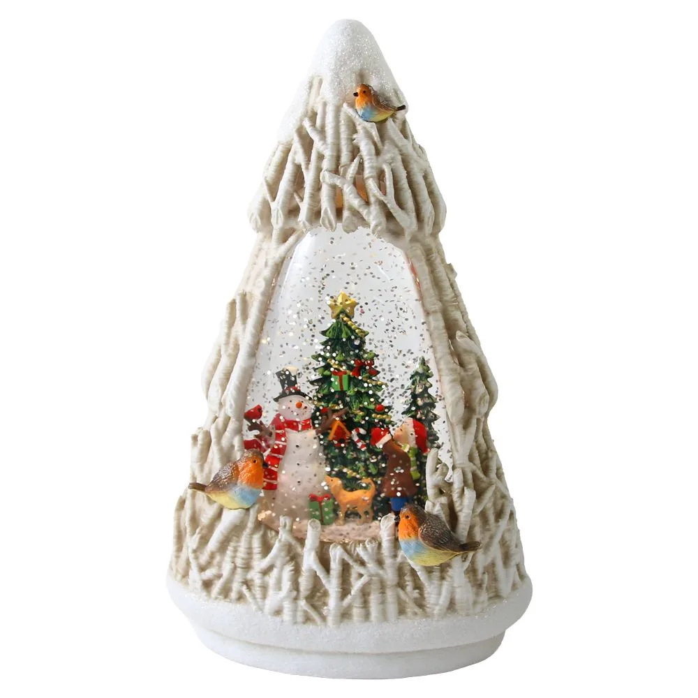 Ornament de Craciun muzical cu LED si efect de ninsoare Brad cu pasari 14x25 cm Ornament de Craciun muzical cu LED si efect de ninsoare Brad cu pasari 14x25 cm