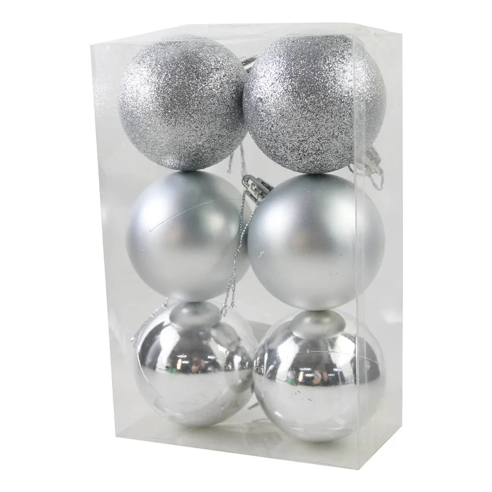 Set 6 globuri argintii pentru brad din plastic 6 cm