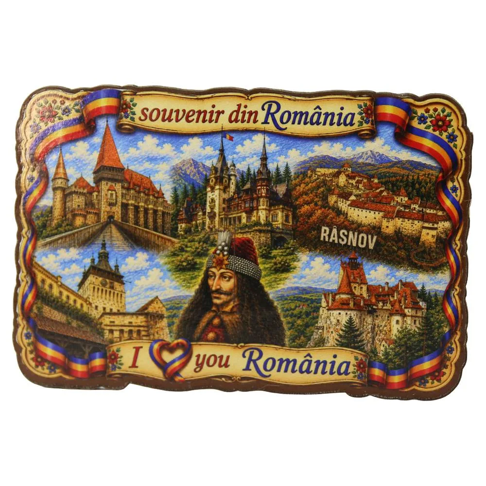 Magnet de frigider din placaj "Souvenir din Romania" 9.5x6 cm