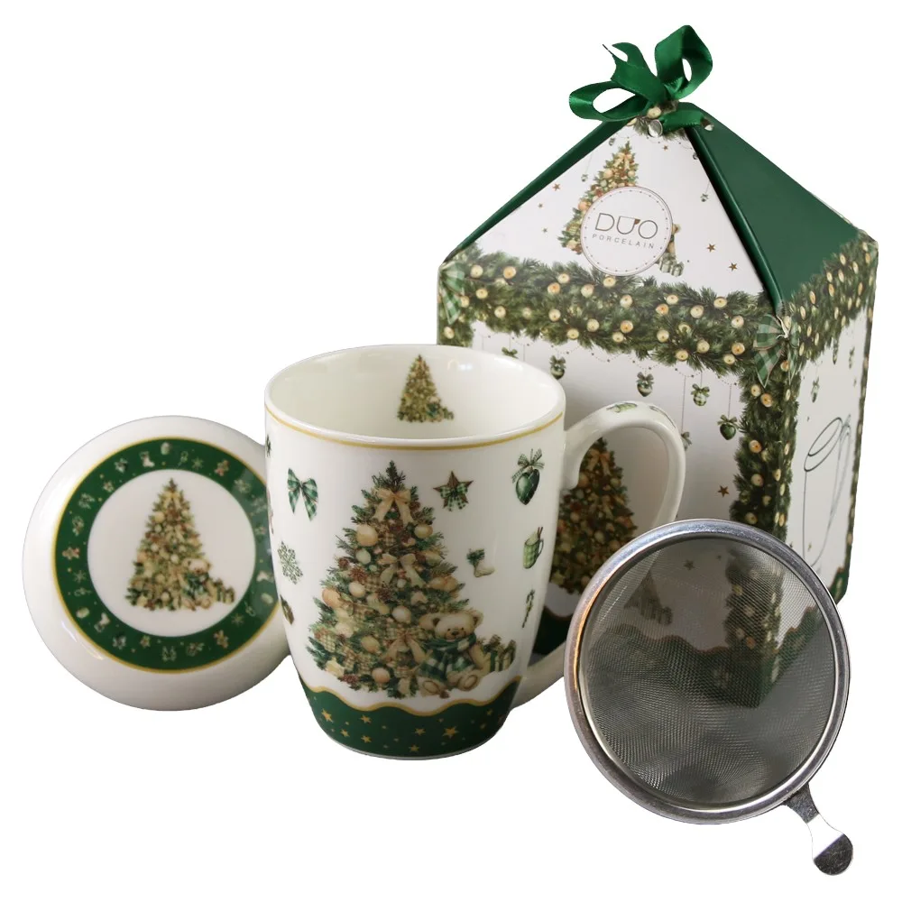 Cana de Craciun din portelan cu capac si infuzor metalic Tree Sparkle Cana de Craciun din portelan cu capac si infuzor metalic Tree Sparkle