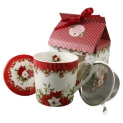Cana de Craciun din portelan cu capac si infuzor metalic Christmas Flower