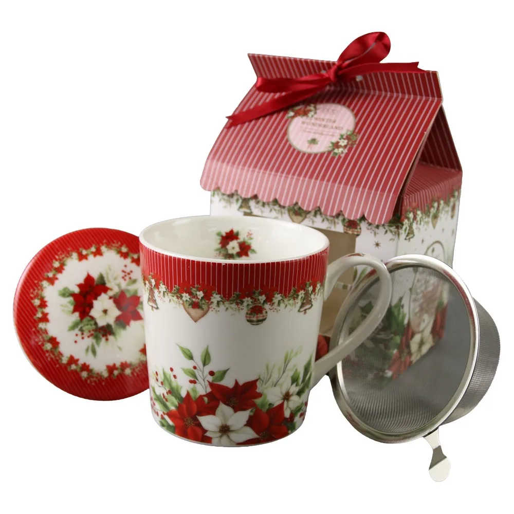 Cana de Craciun din portelan cu capac si infuzor metalic Christmas Flower Cana de Craciun din portelan cu capac si infuzor metalic Christmas Flower