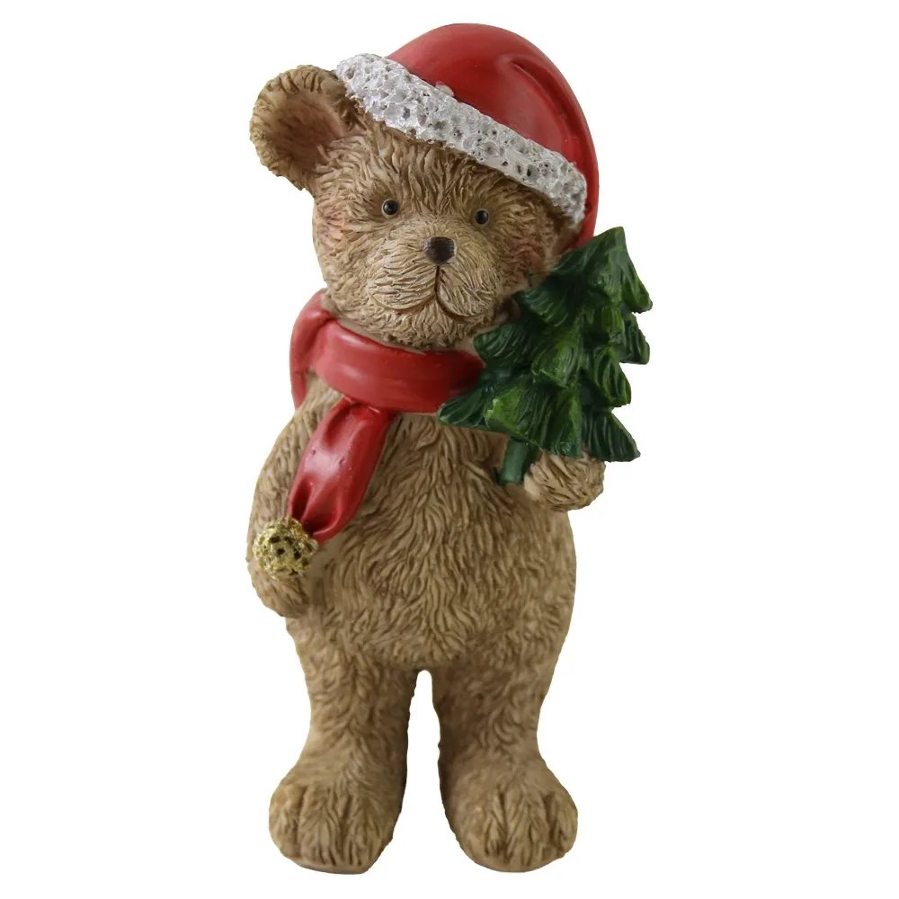 Figurina de Craciun ursulet cu brad din rasina 13 cm