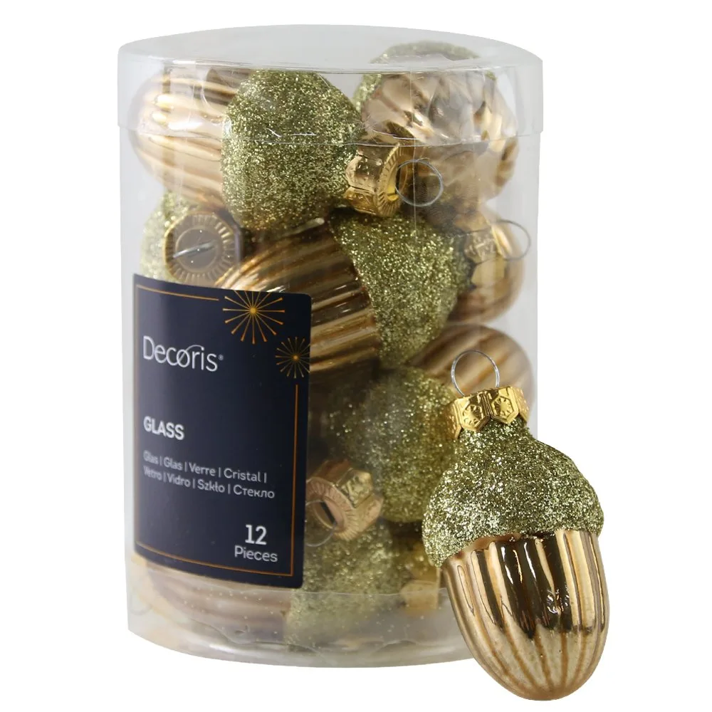Set 12 ornamente de brad din sticla Ghinde aurii 3x5 cm
