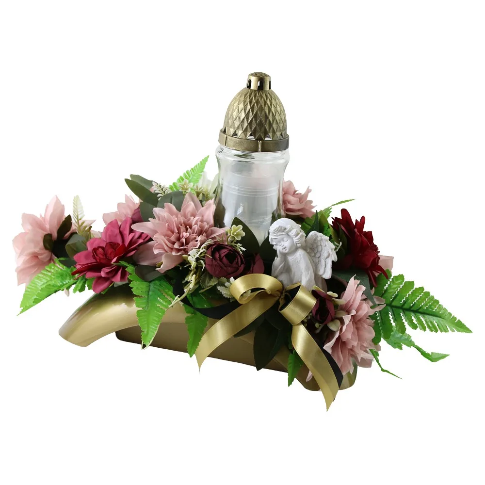 Aranjament floral pentru cimitir cu candela si ingeras 50 cm