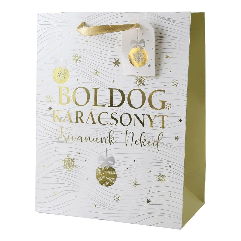 Punga cadou de Craciun cu eticheta "Boldog Karacsonyt kivanunk neked" 18x23 cm