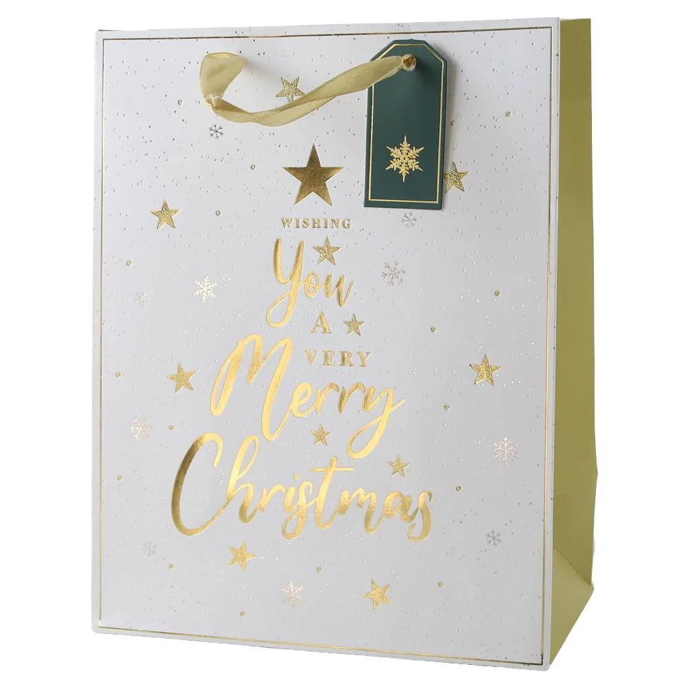 Punga cadou de Craciun cu eticheta "Wishing you a very Merry Christmas" 18x23 cm