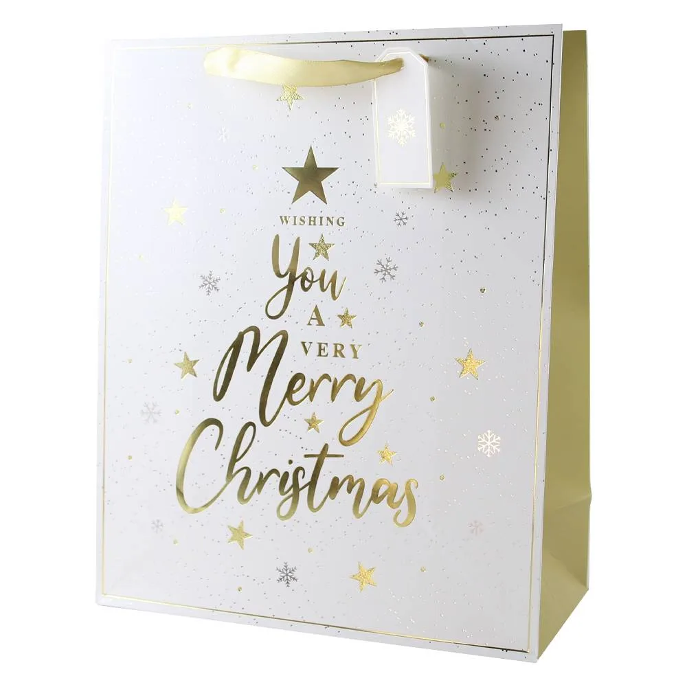Punga cadou de Craciun cu eticheta "Wishing you a very Merry Christmas" 26x32 cm