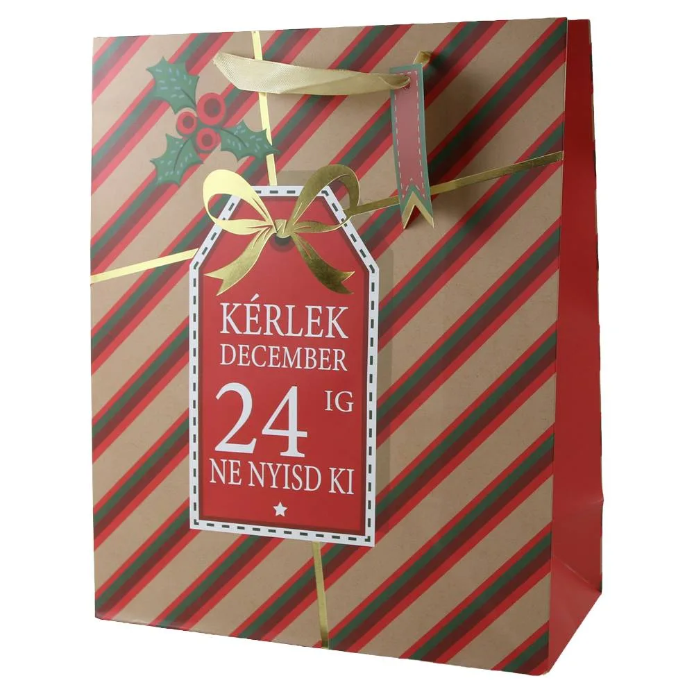 Punga cadou de Craciun cu eticheta "Kerlek december 24-ig ne nyisd ki" 26x32 cm Punga cadou de Craciun cu eticheta "Kerlek december 24-ig ne nyisd ki" 26x32 cm