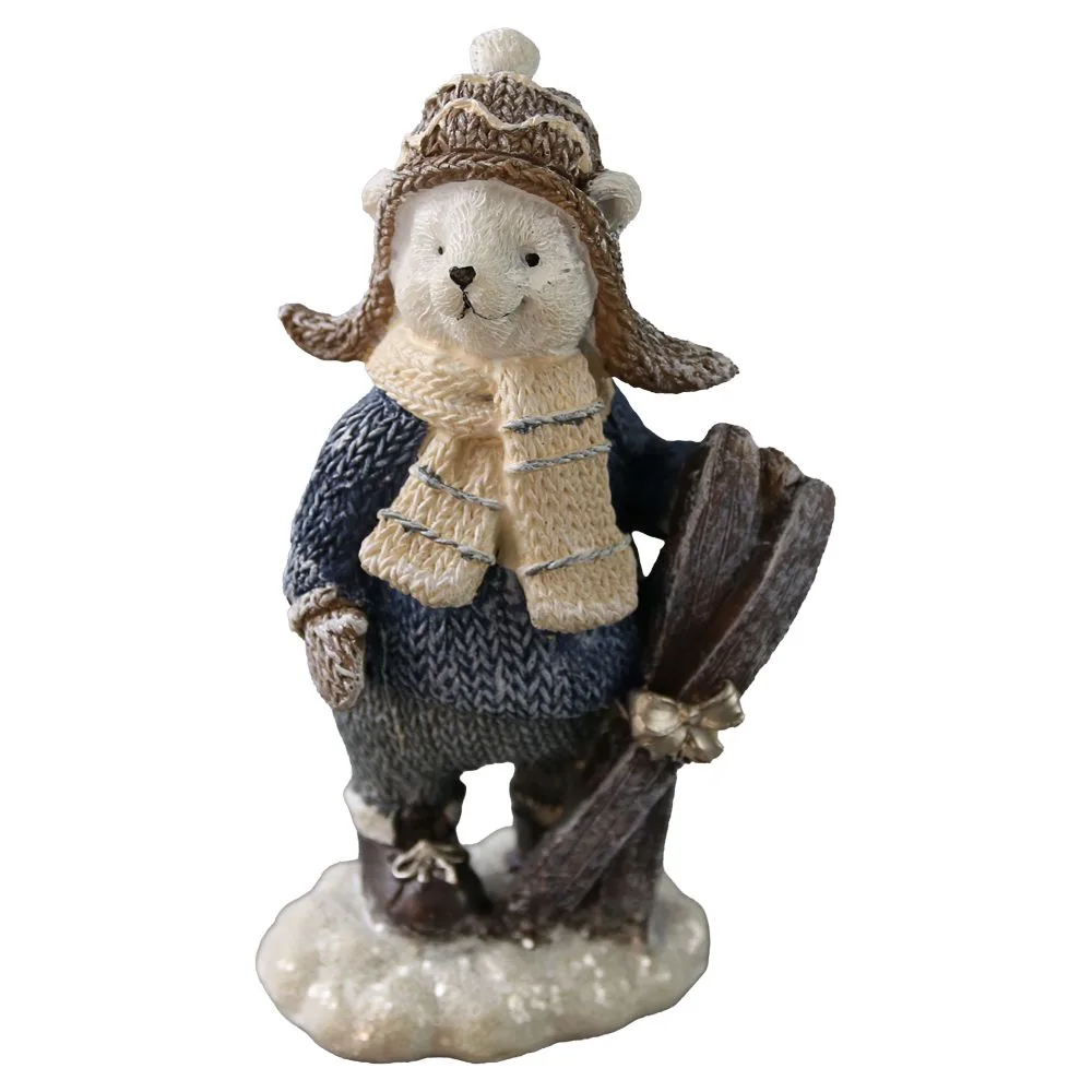 Figurina de Craciun ursulet cu schi din rasina 13 cm