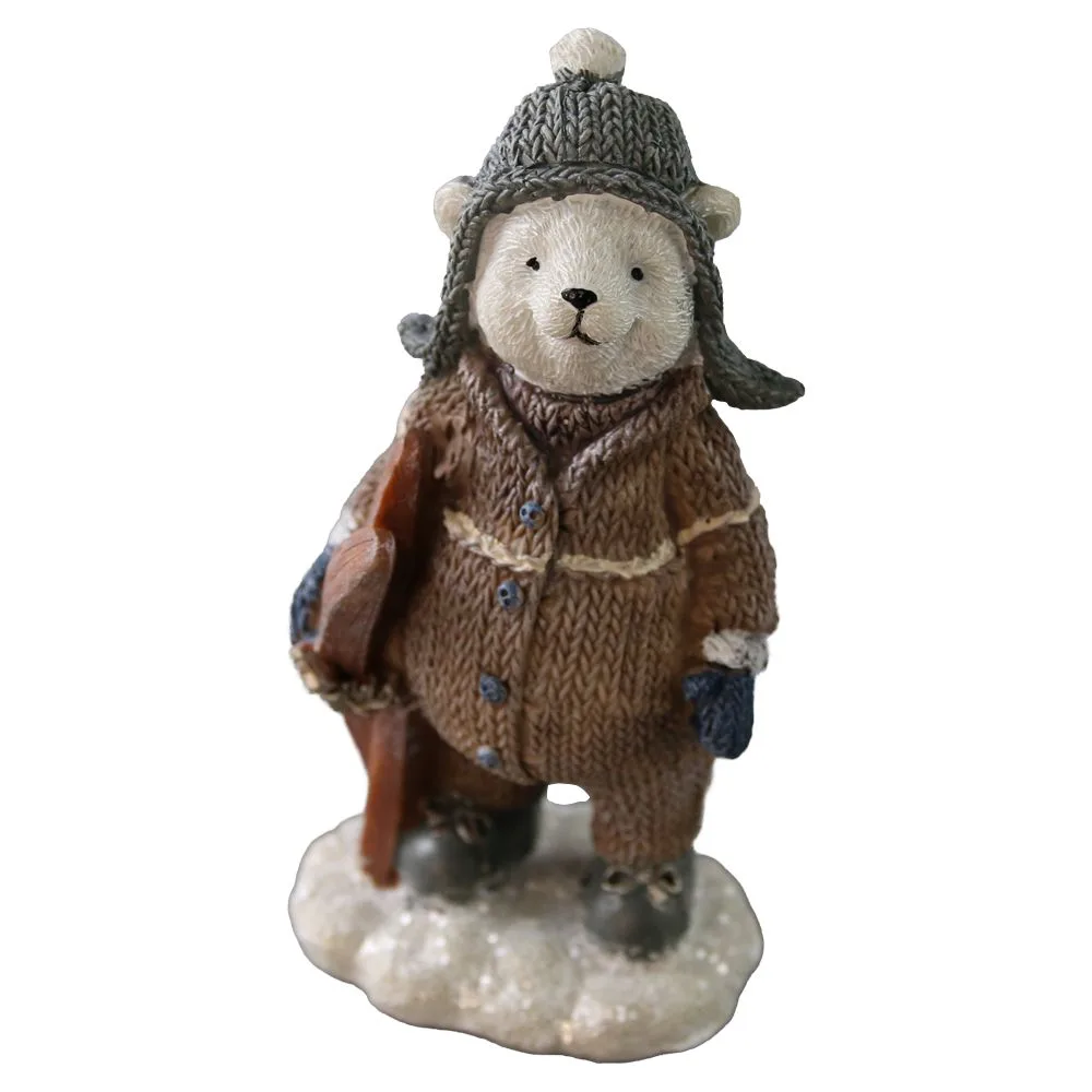 Figurina de Craciun ursulet cu schi din rasina 13 cm