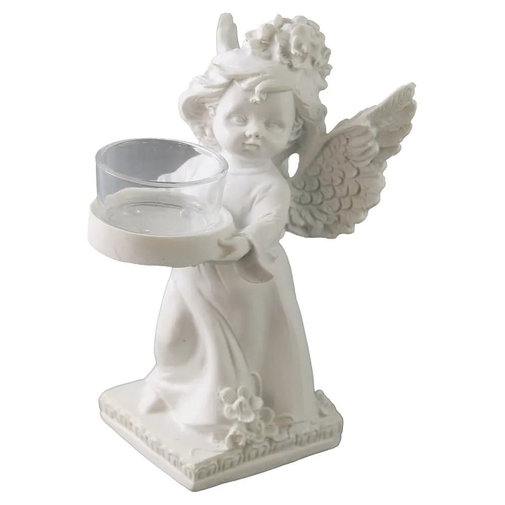 Figurina ingeras din rasina alba cu suport lumanare 10x16 cm Figurina ingeras din rasina alba cu suport lumanare 10x16 cm