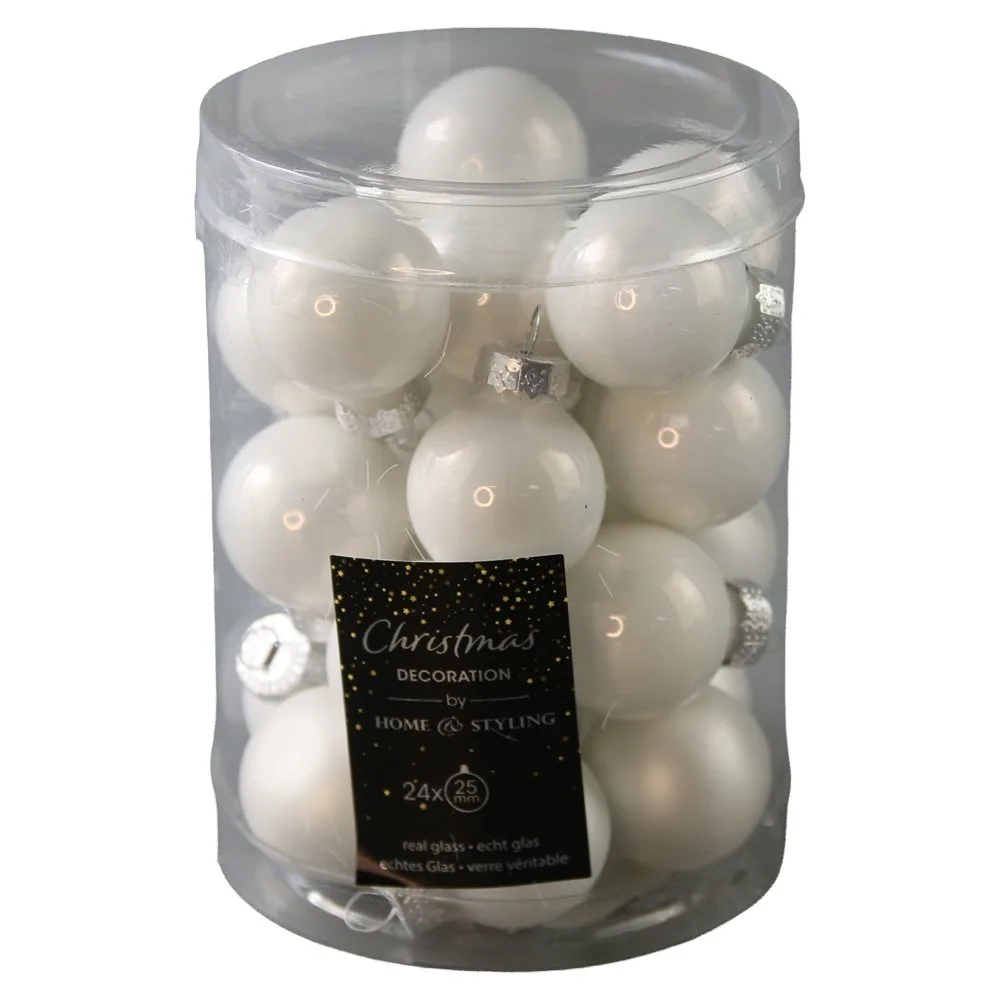 Set 24 globuri albe sidefate pentru brad din sticla 2.5 cm Set 24 globuri albe sidefate pentru brad din sticla 2.5 cm