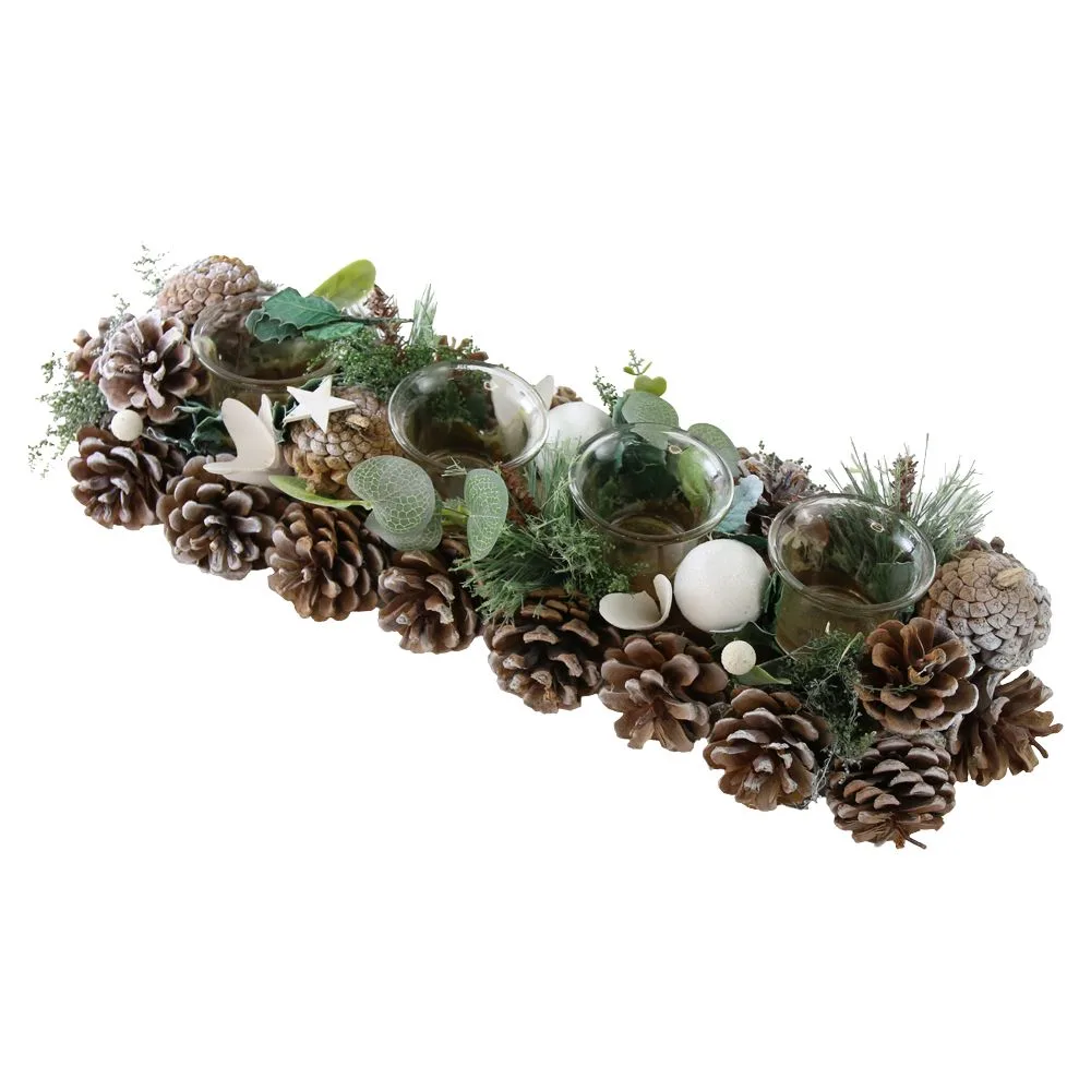 Aranjament de Craciun cu 4 suporturi pentru lumanari si conuri de brad 44x15 cm Aranjament de Craciun cu 4 suporturi pentru lumanari si conuri de brad 44x15 cm