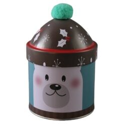 Cutie metalica de Craciun cu figurina si capac tip sapca 9x14 cm