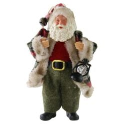 Figurina Mos Craciun rustic cu haina si agatatoare 18 cm