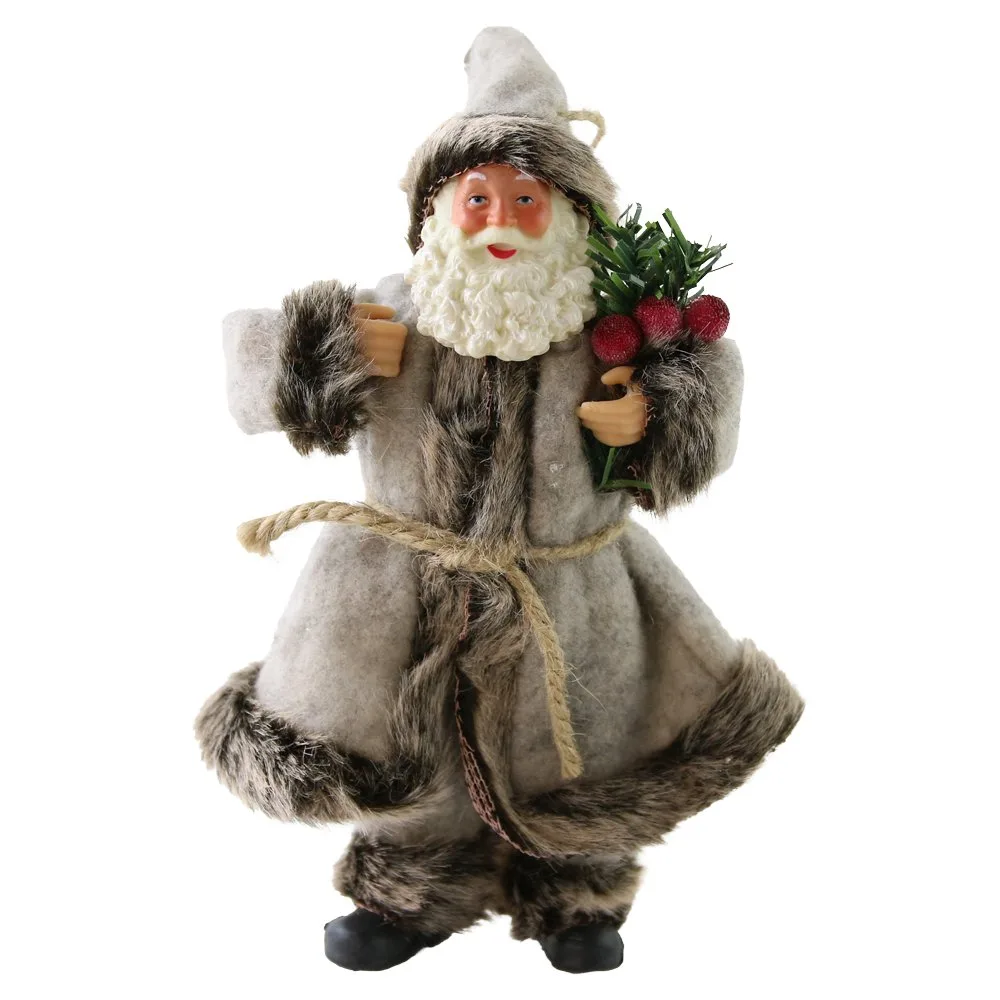 Figurina Mos Craciun rustic cu haina si agatatoare 18 cm