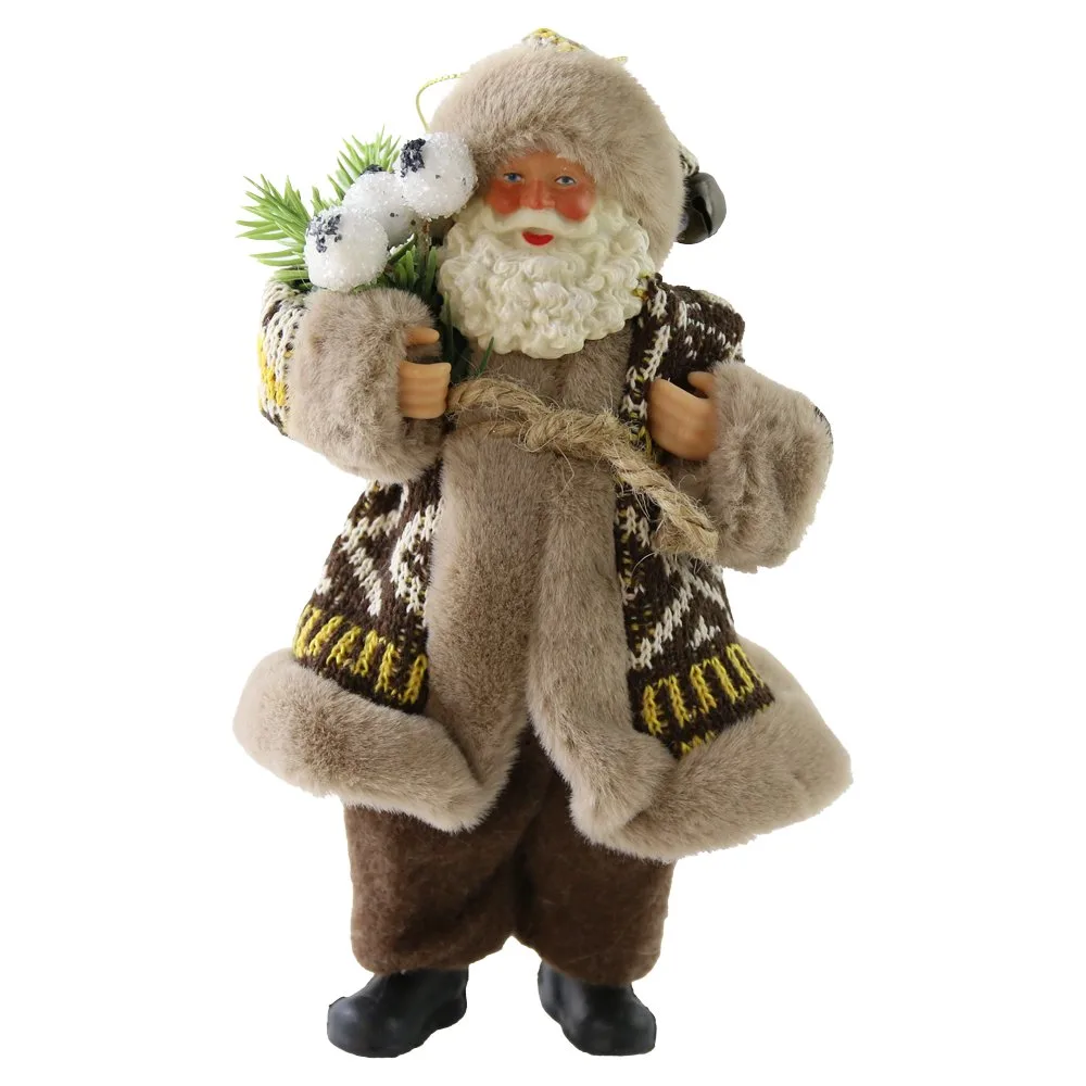 Figurina Mos Craciun rustic cu haina si agatatoare 18 cm