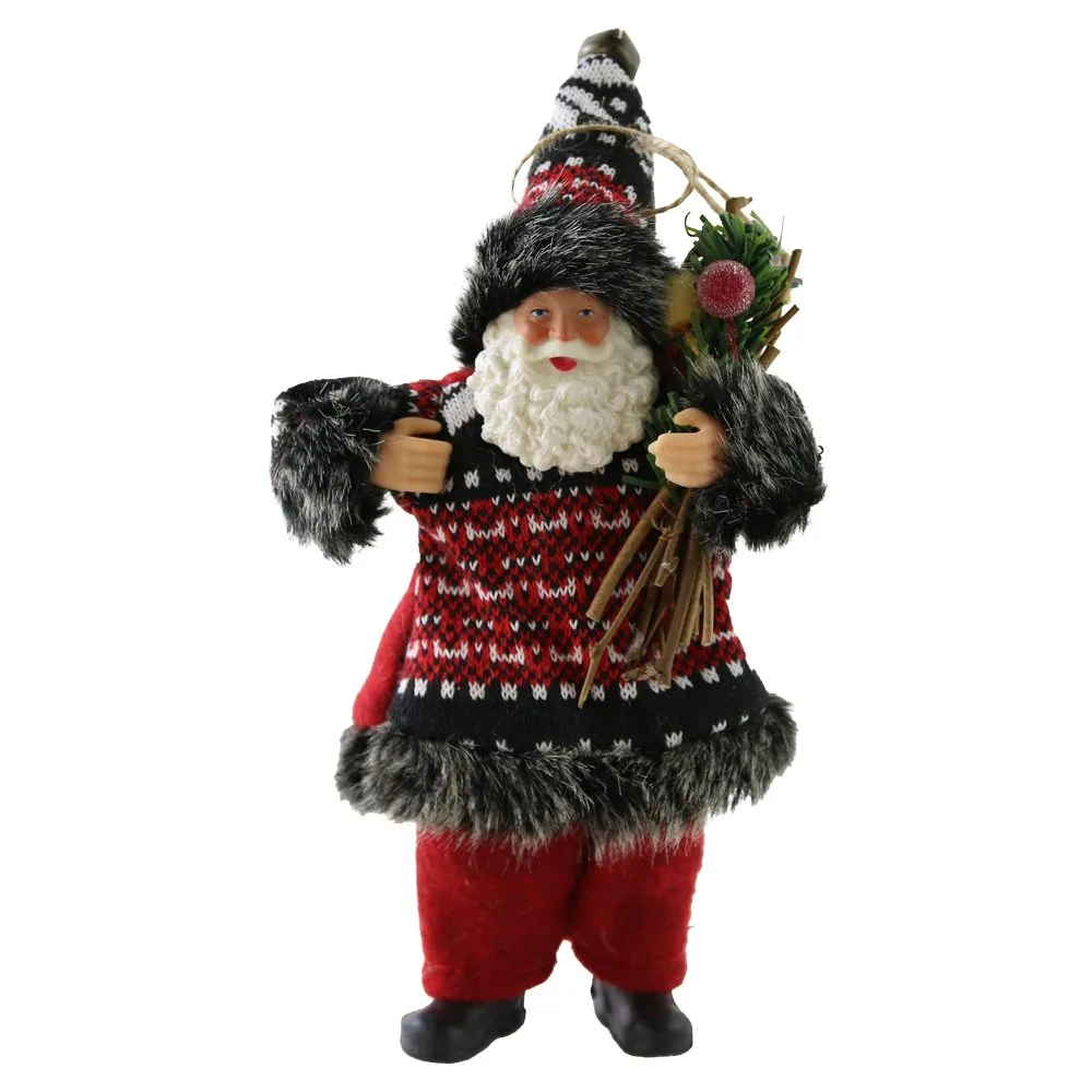 Figurina Mos Craciun rustic cu haina si agatatoare 18 cm