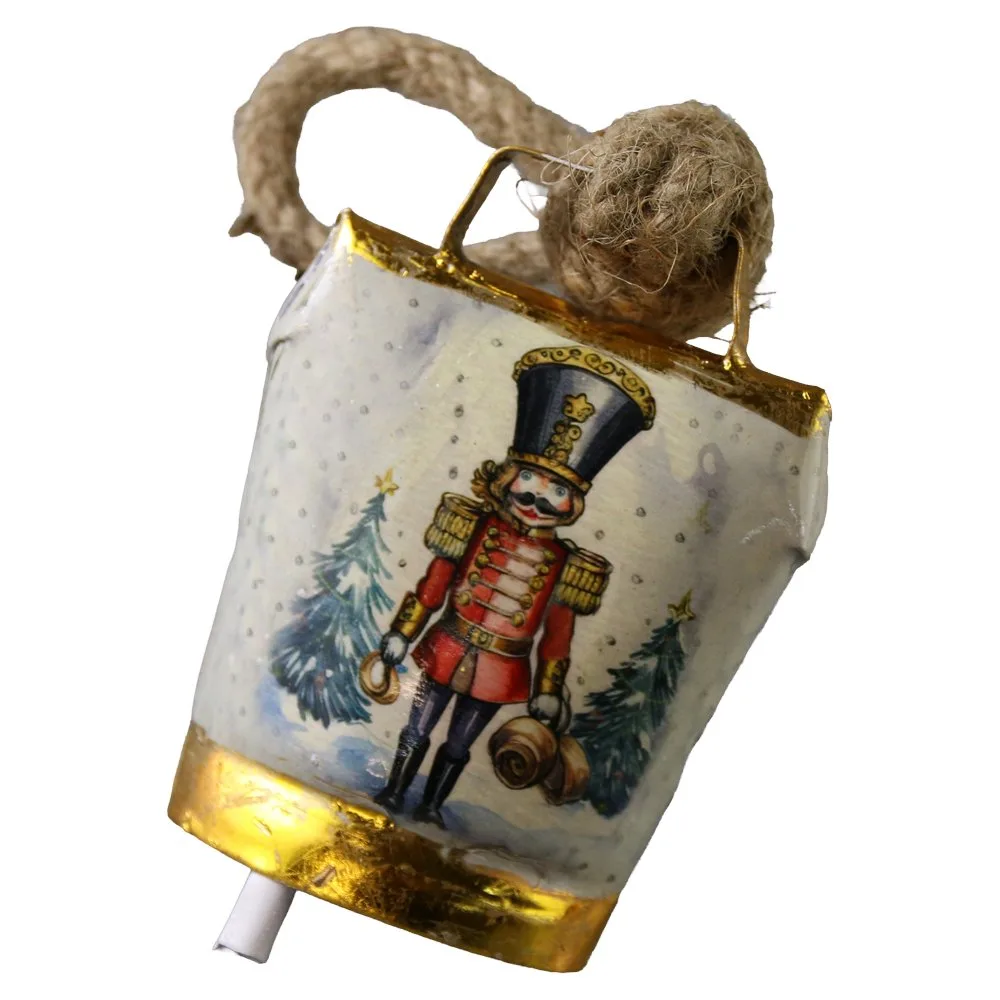 Clopotel vintage de Craciun din metal cu motive festive 8x11 cm