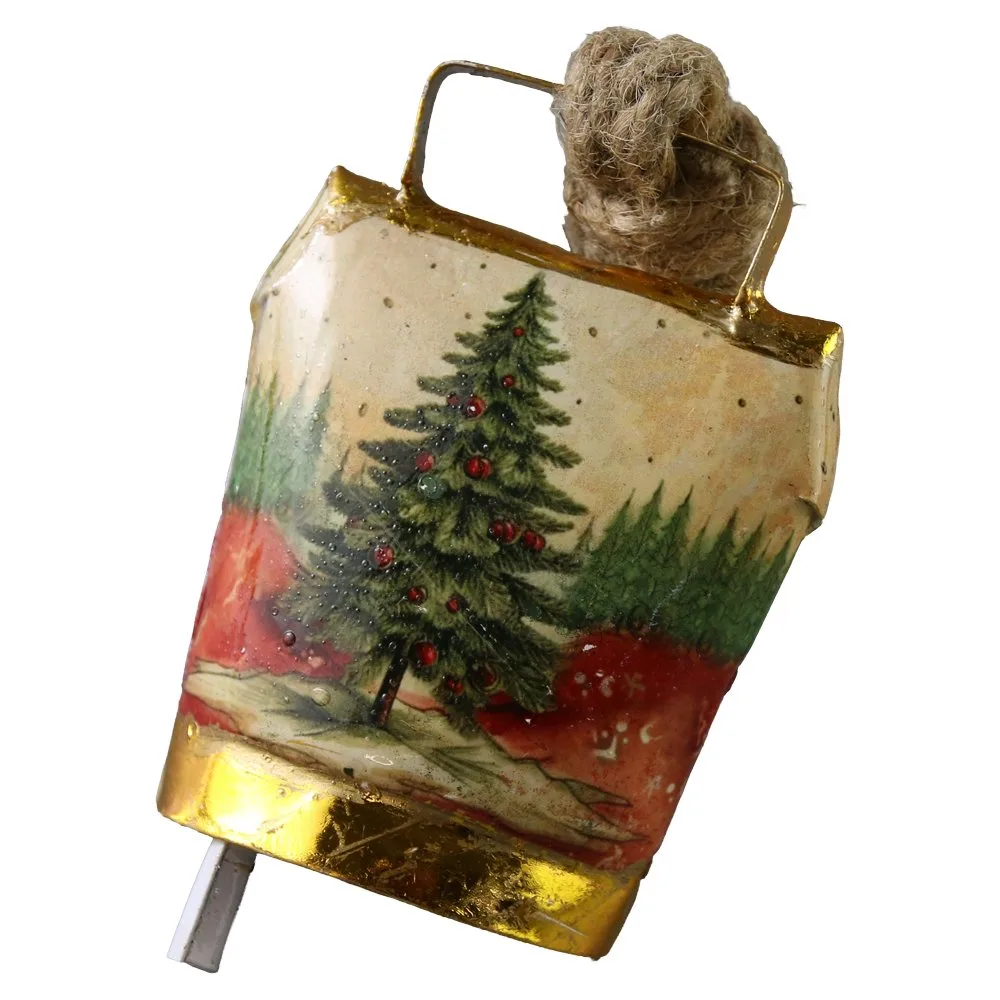 Clopotel vintage de Craciun din metal cu motive festive 8x11 cm