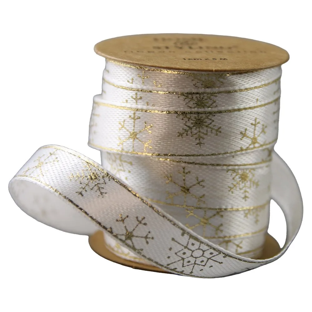 Rola panglica satin cu motive de Craciun si imprimeu auriu 1 cm x 5 m
