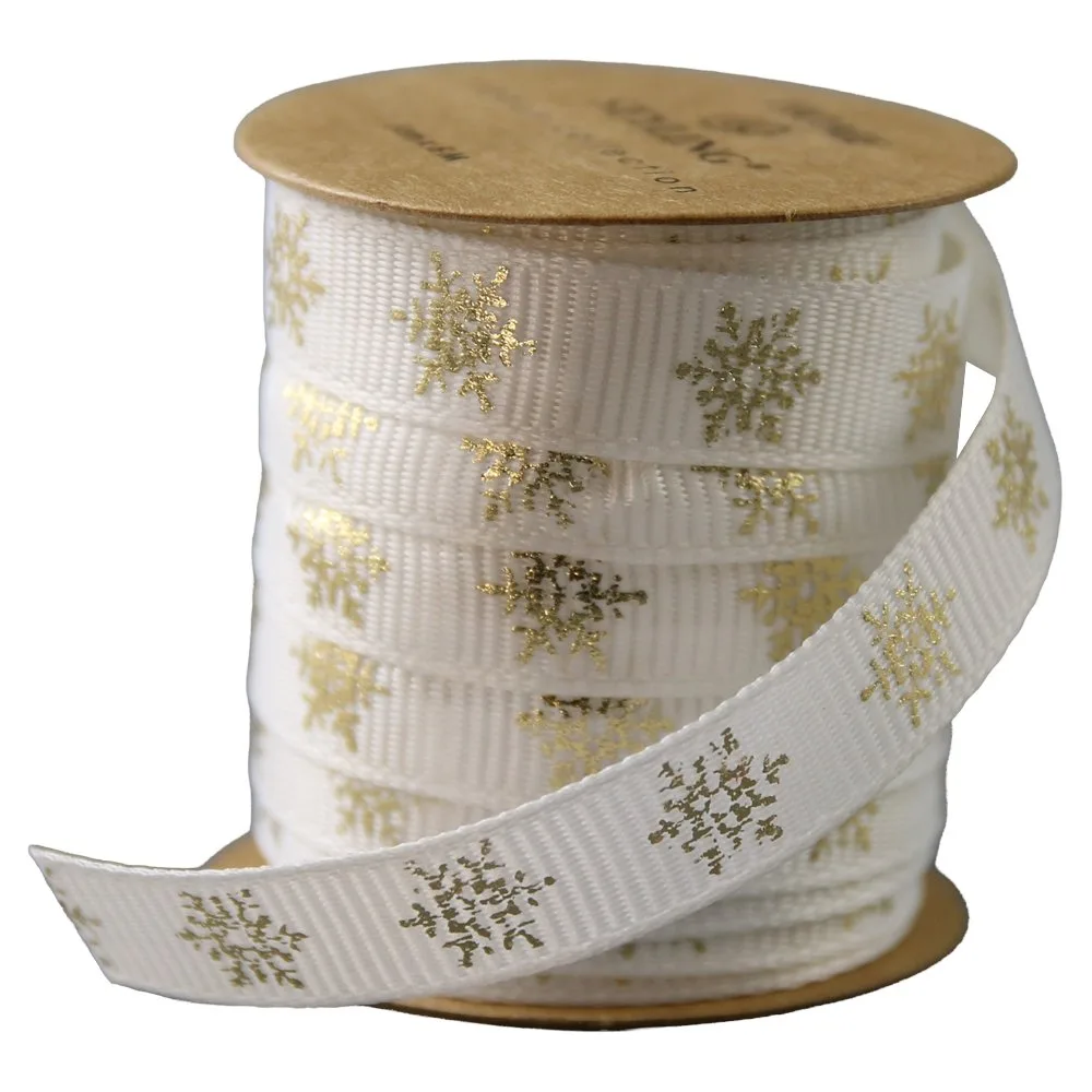Rola panglica satin cu motive de Craciun si imprimeu auriu 1 cm x 5 m