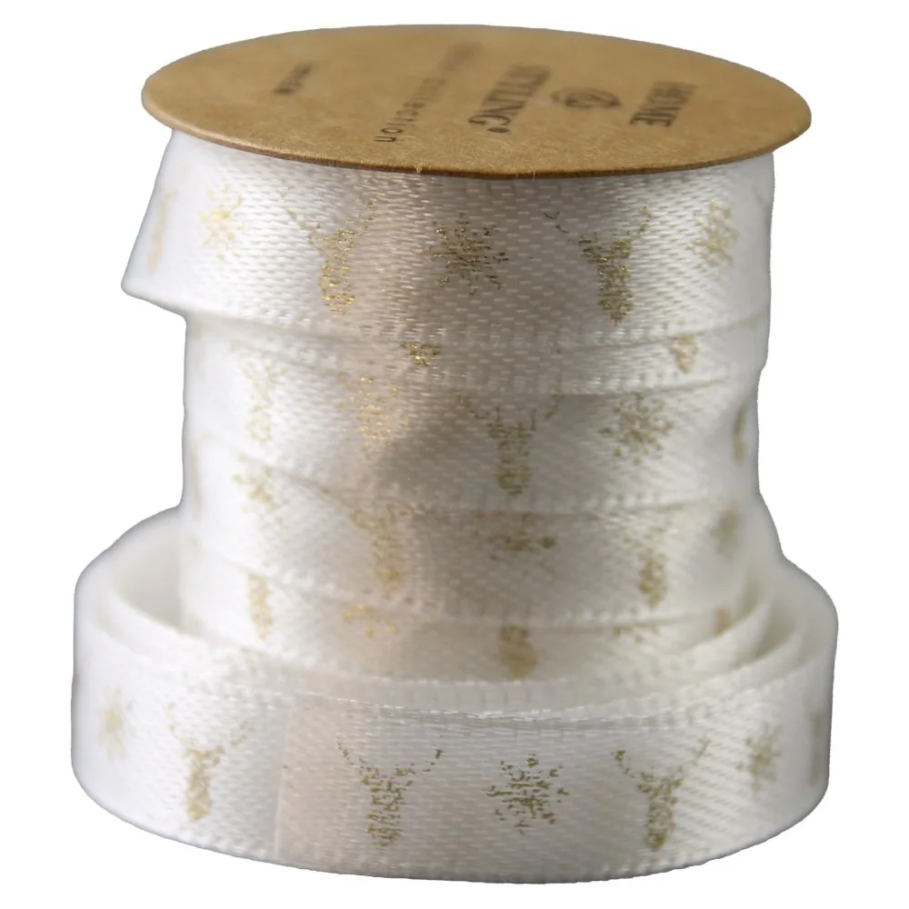 Rola panglica satin cu motive de Craciun si imprimeu auriu 1 cm x 5 m